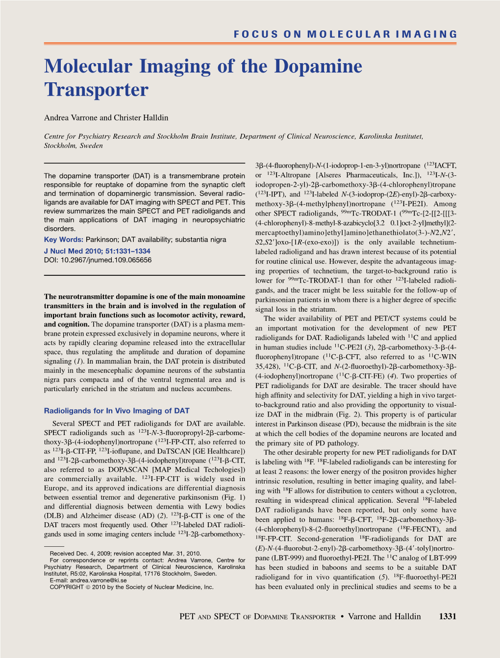 Molecular Imaging of the Dopamine Transporter