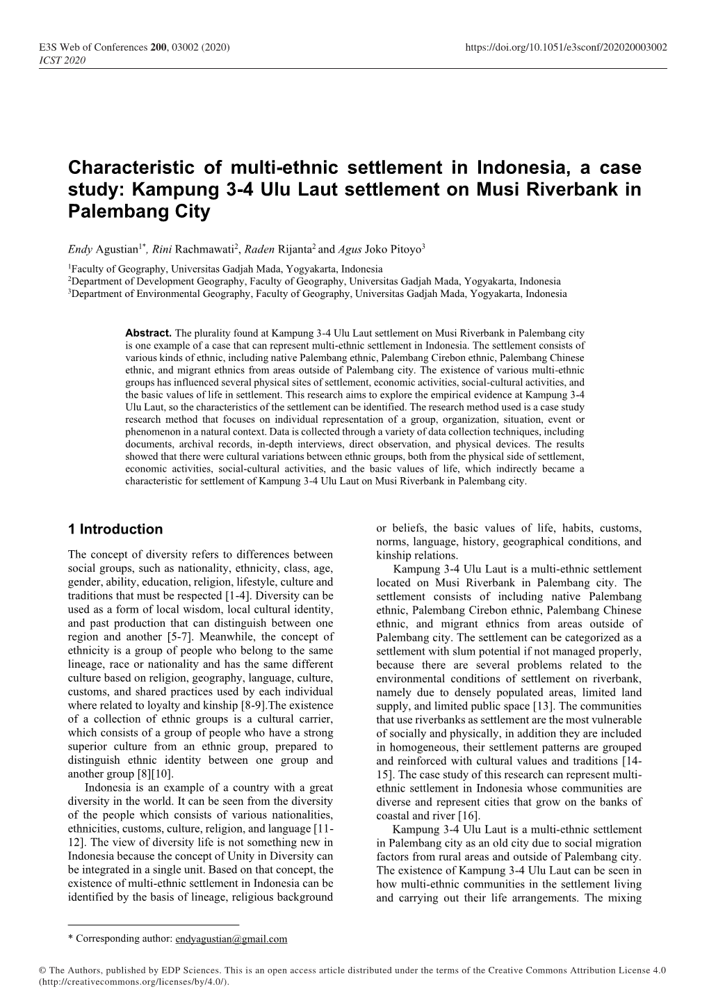 Characteristic of Multi-Ethnic Settlement in Indonesia, a Case Study: Kampung 3-4 Ulu Laut Settlement on Musi Riverbank in Palembang City