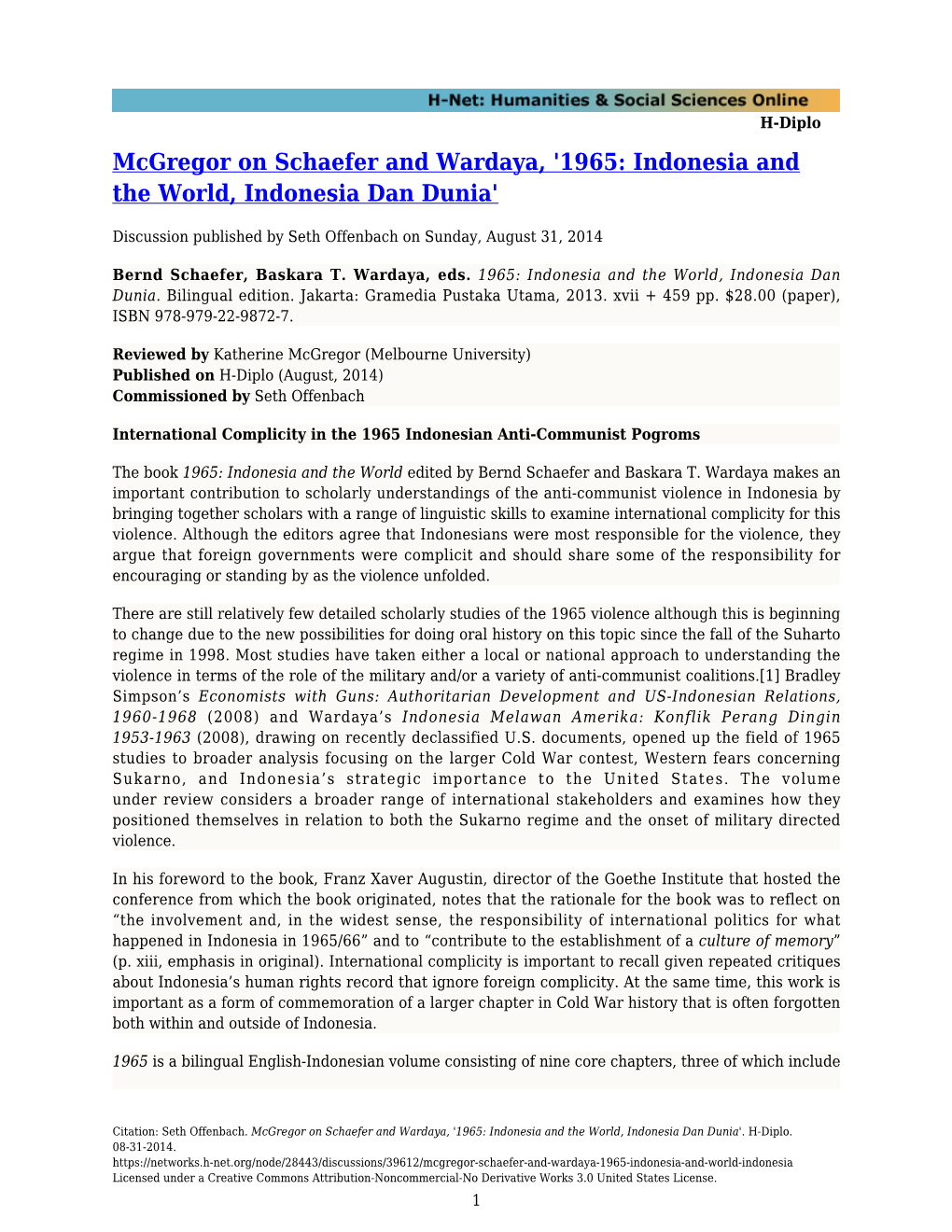 Mcgregor on Schaefer and Wardaya, '1965: Indonesia and the World, Indonesia Dan Dunia'