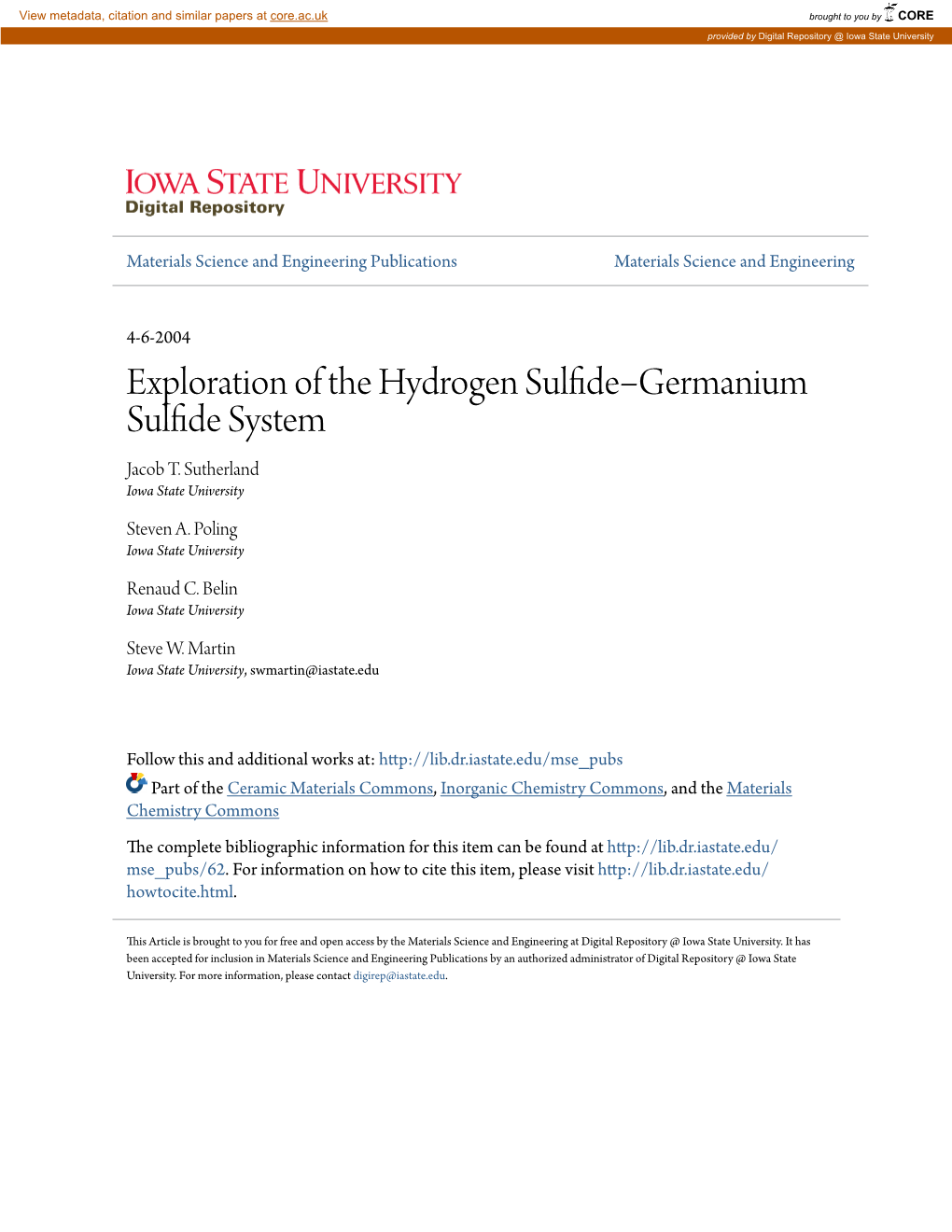 Exploration of the Hydrogen Sulfideâ‹™Germanium Sulfide System