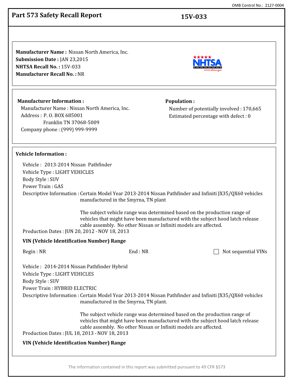 Part 573 Safety Recall Report 15V-033