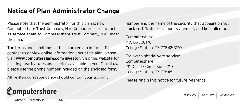 Notice of Plan Administrator Change