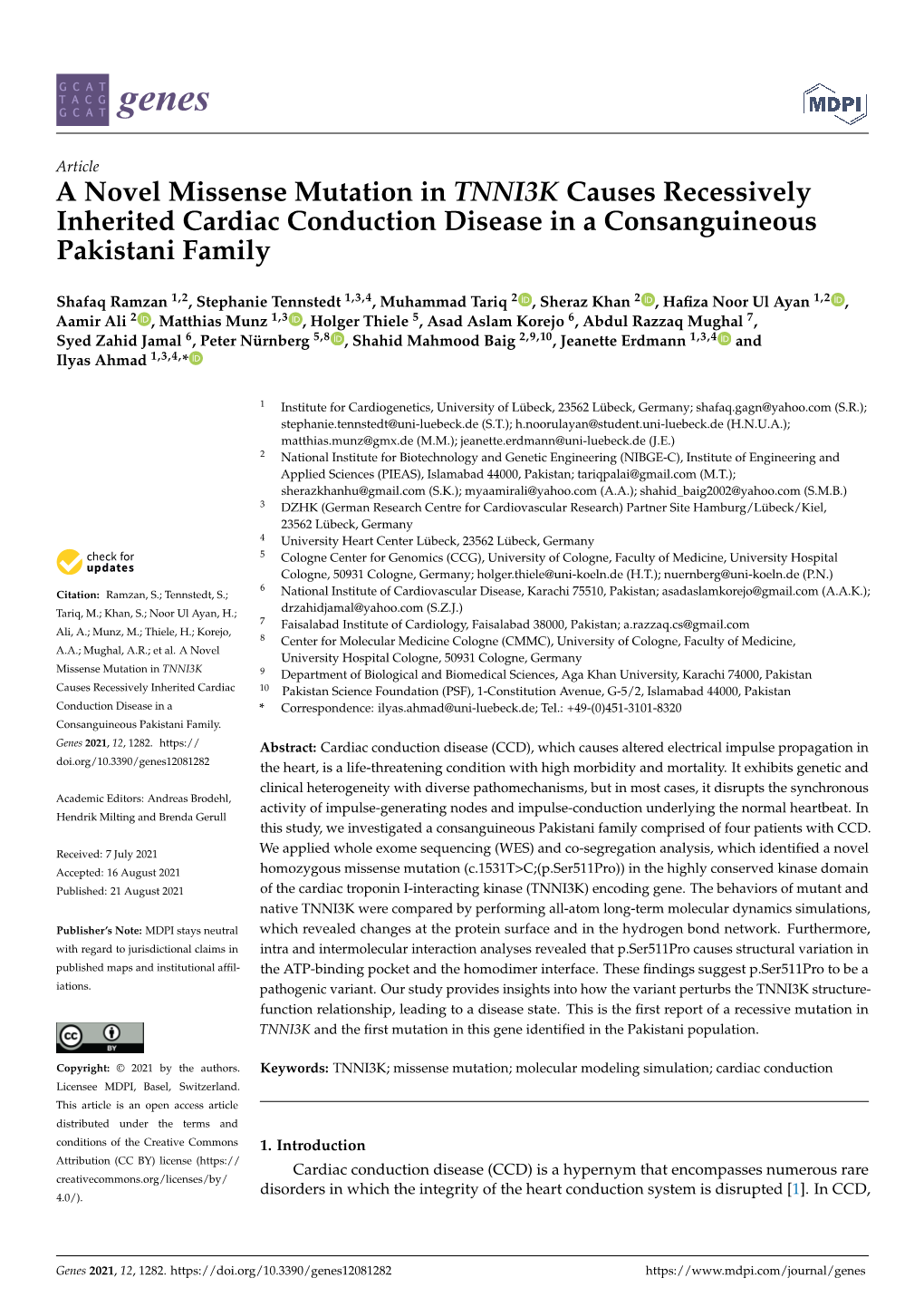 A Novel Missense Mutation in TNNI3K Causes Recessively Inherited Cardiac Conduction Disease in a Consanguineous Pakistani Family