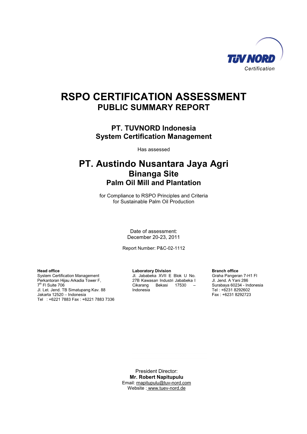 Rspo Certification Assessment Public Summary Report