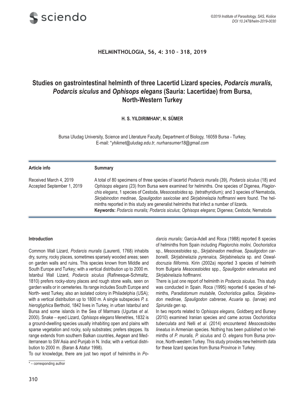 Studies on Gastrointestinal Helminth of Three Lacertid Lizard