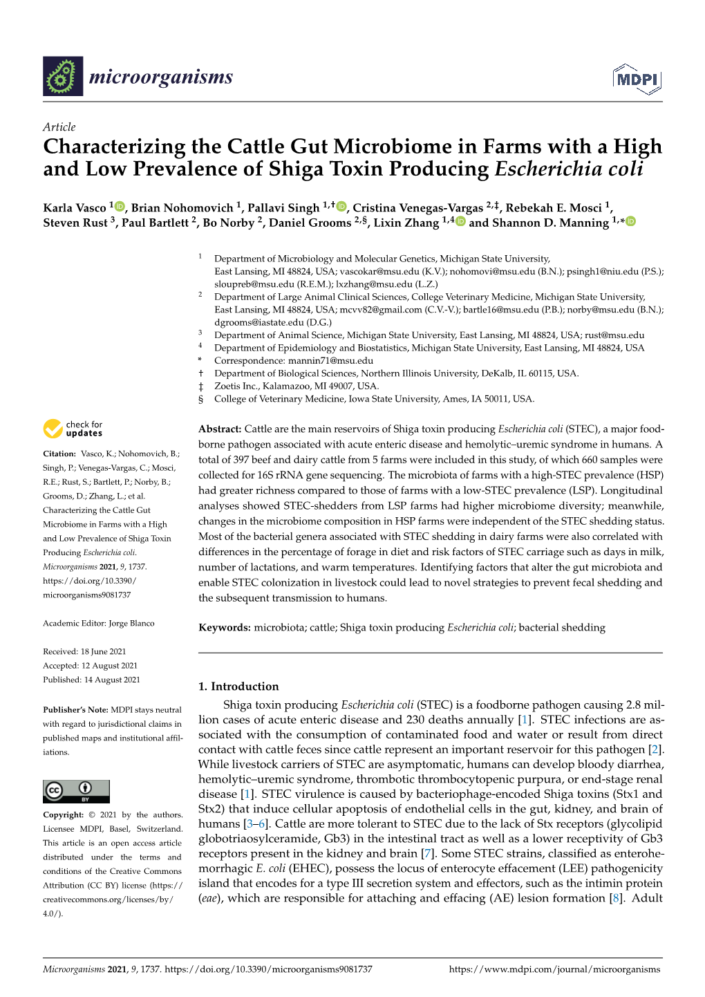 Characterizing the Cattle Gut Microbiome in Farms with a High and Low Prevalence of Shiga Toxin-Producing Escherichia Coli