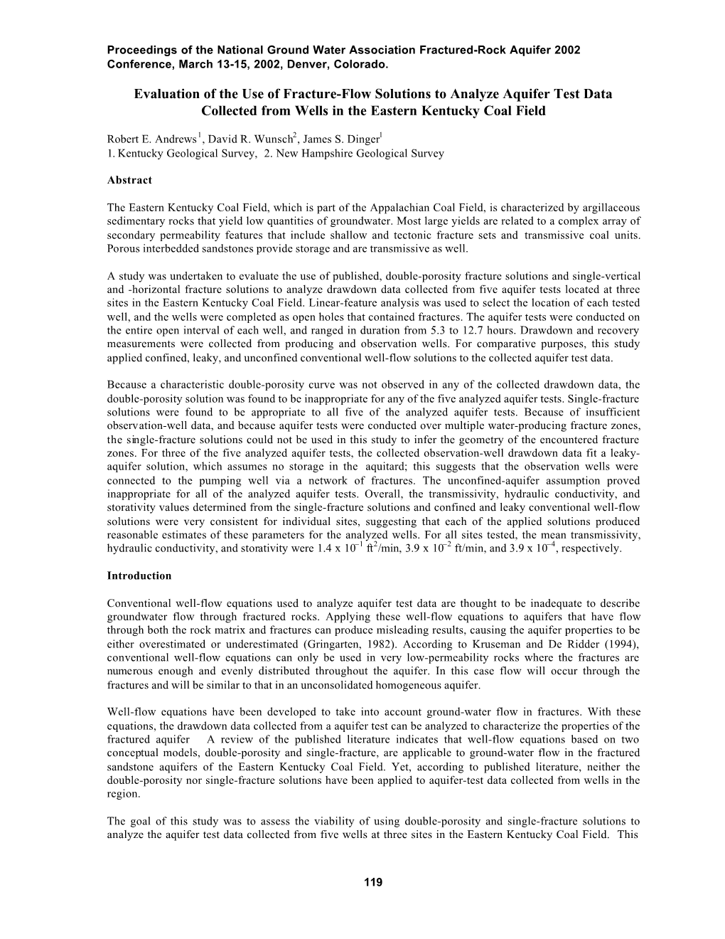 Evaluation of the Use of Fracture-Flow Solutions to Analyze Aquifer Test Data Collected from Wells in the Eastern Kentucky Coal Field