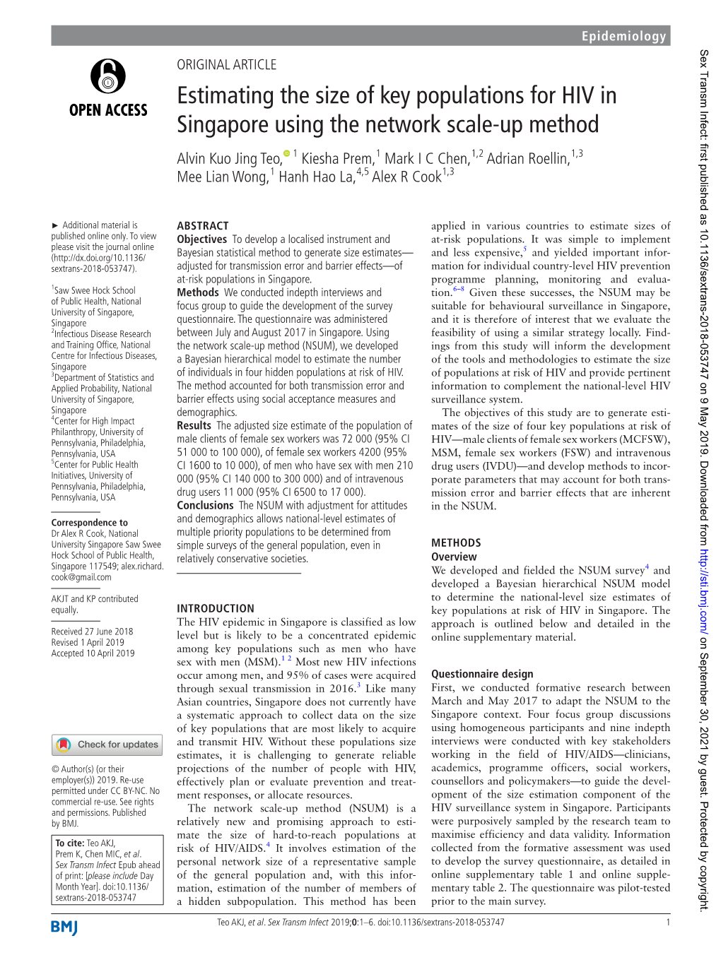 Estimating the Size of Key Populations for HIV in Singapore Using The