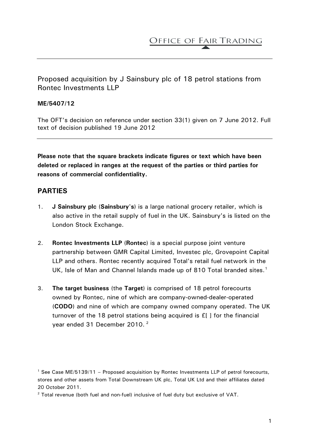 Proposed Acquisition by J Sainsbury Plc of 18 Petrol Stations from Rontec Investments LLP