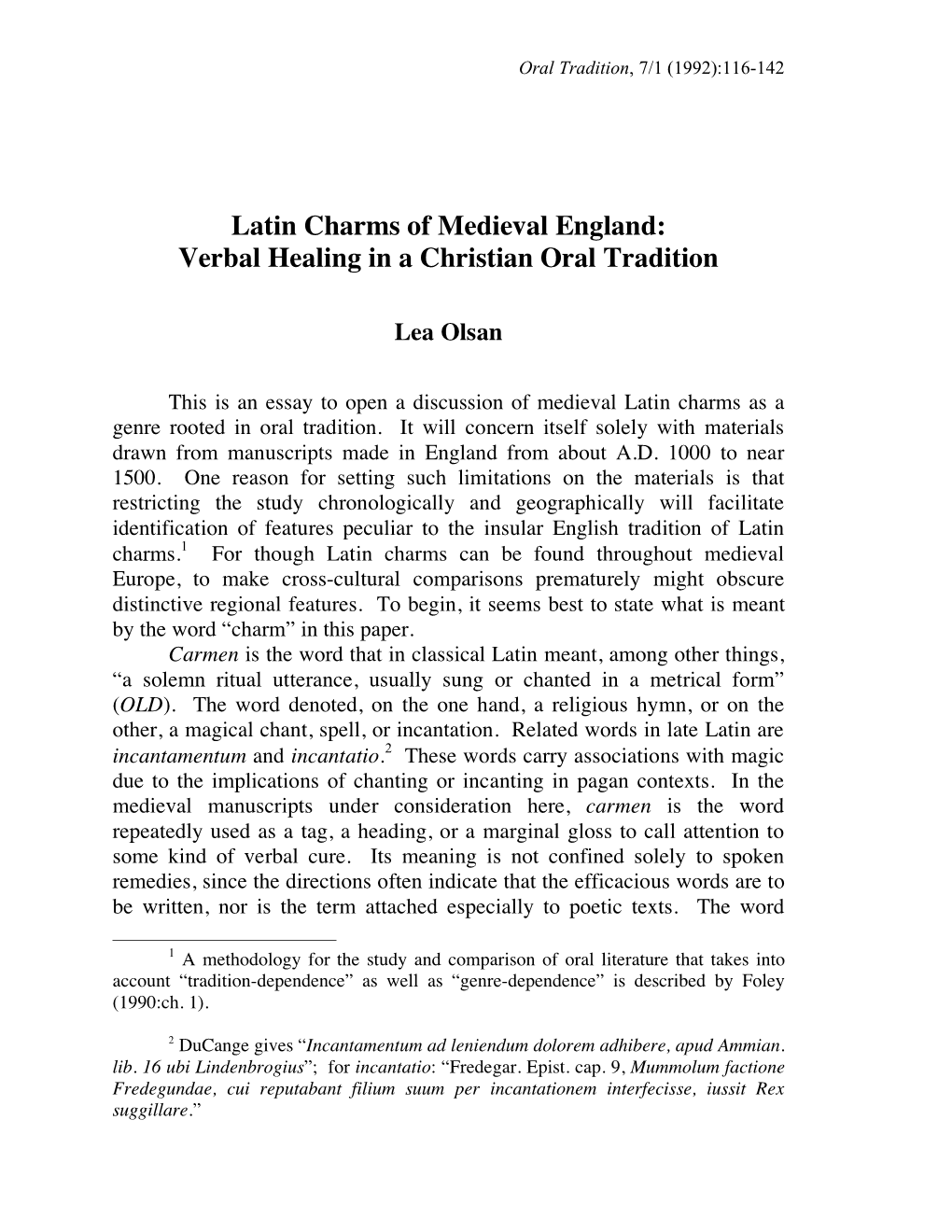 Latin Charms of Medieval England: Verbal Healing in a Christian Oral Tradition