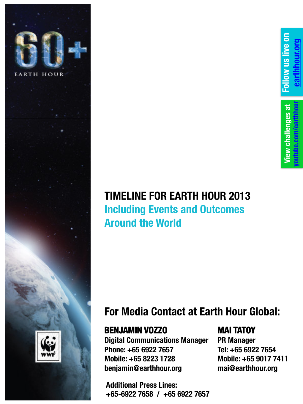 TIMELINE for EARTH HOUR 2013 Including Events and Outcomes Around the World