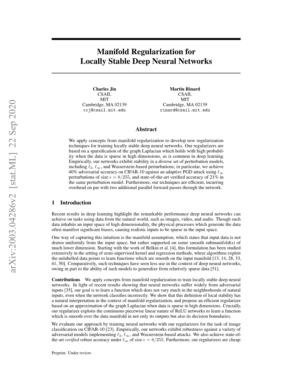 Manifold Regularization for Locally Stable Deep Neural Networks