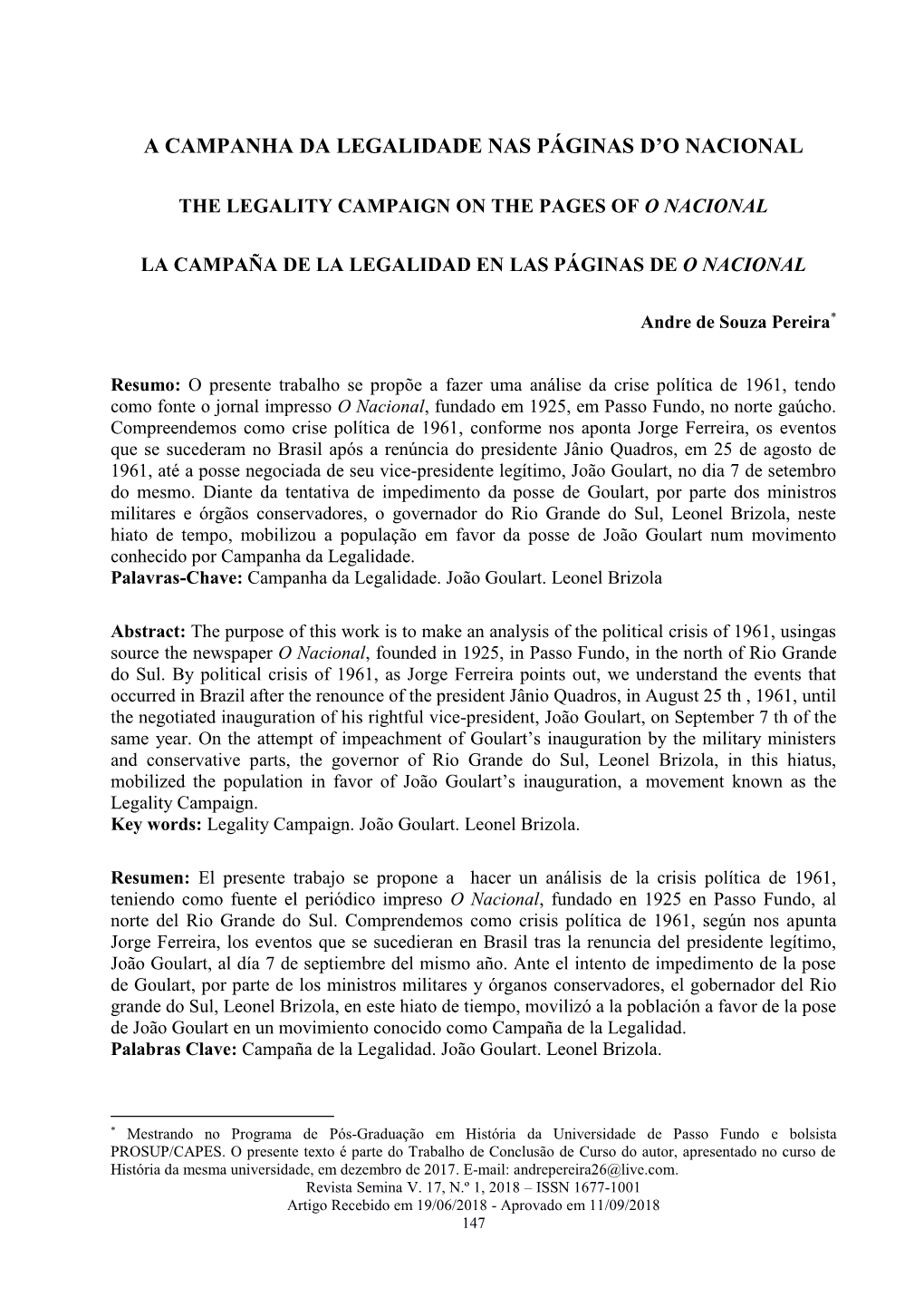 A Campanha Da Legalidade Nas Páginas D'o Nacional