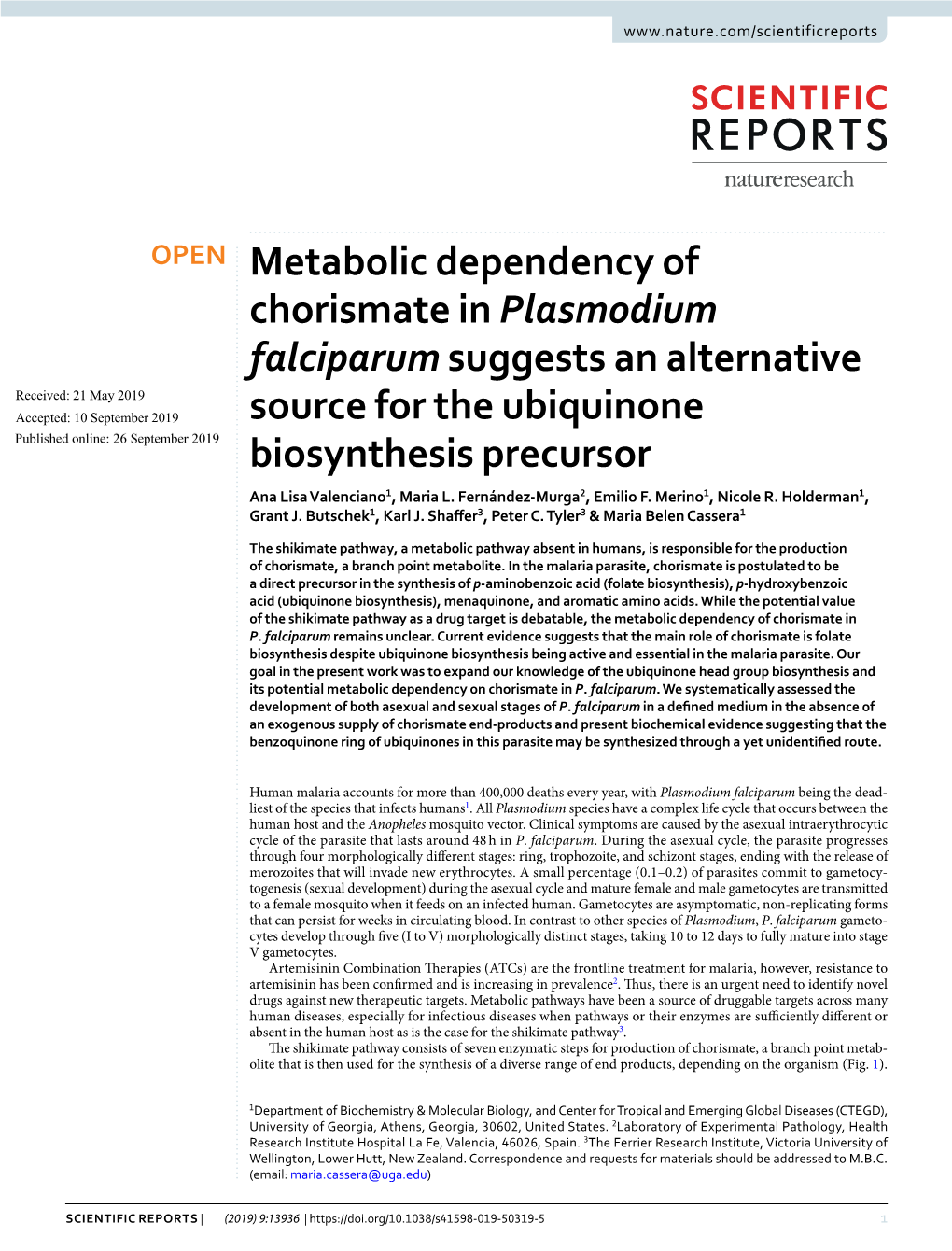 Metabolic Dependency of Chorismate in Plasmodium Falciparum Suggests