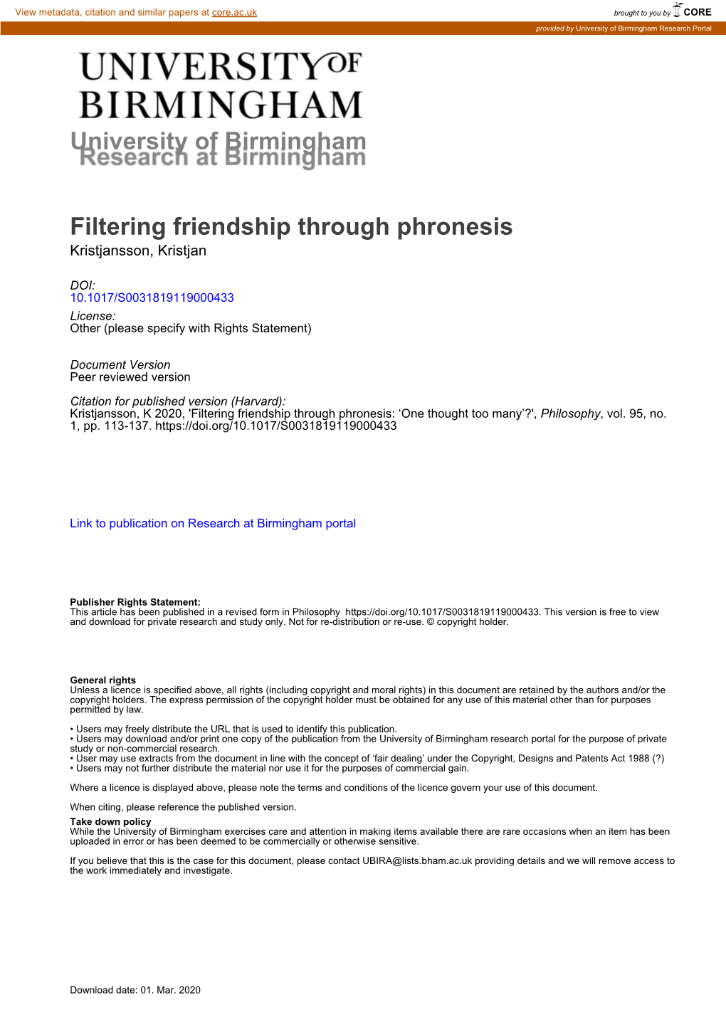 University of Birmingham Filtering Friendship Through Phronesis