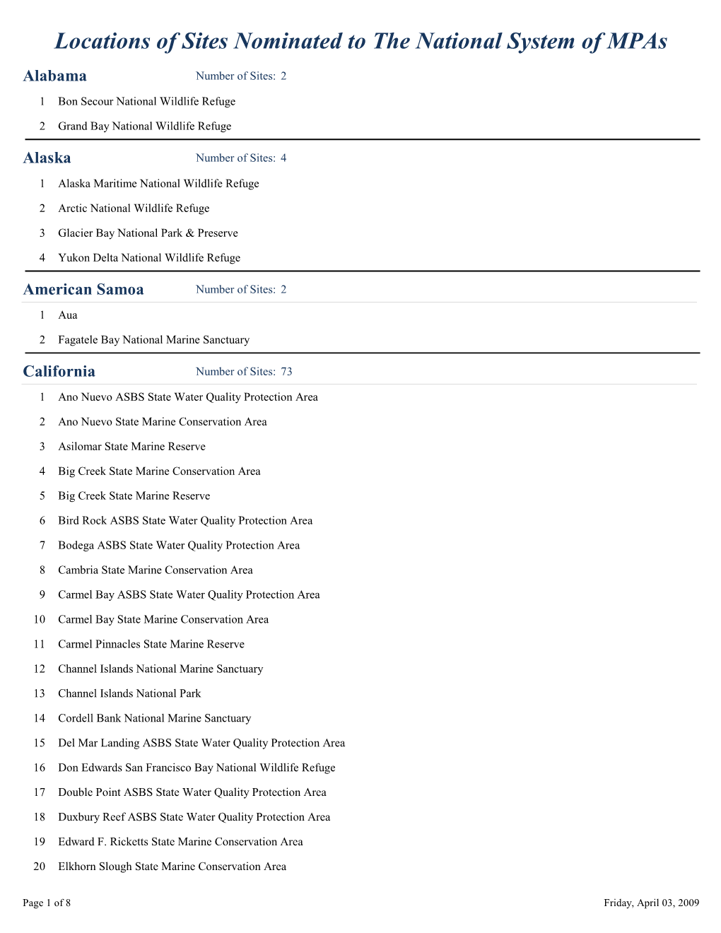 Locations of Sites Nominated to the National System of Mpas