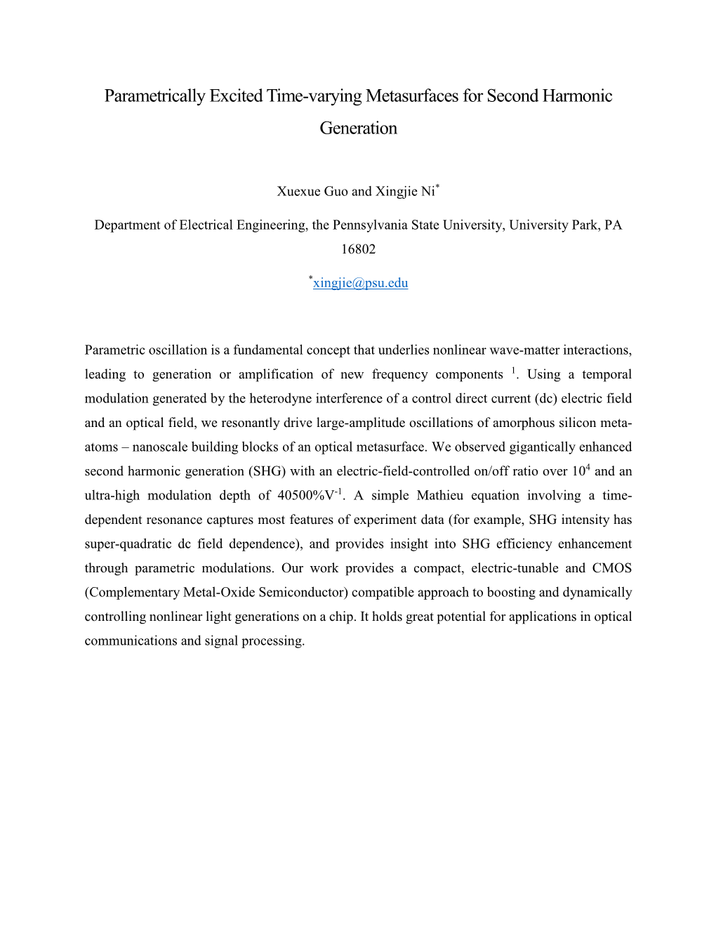 Parametrically Excited Time-Varying Metasurfaces for Second Harmonic Generation