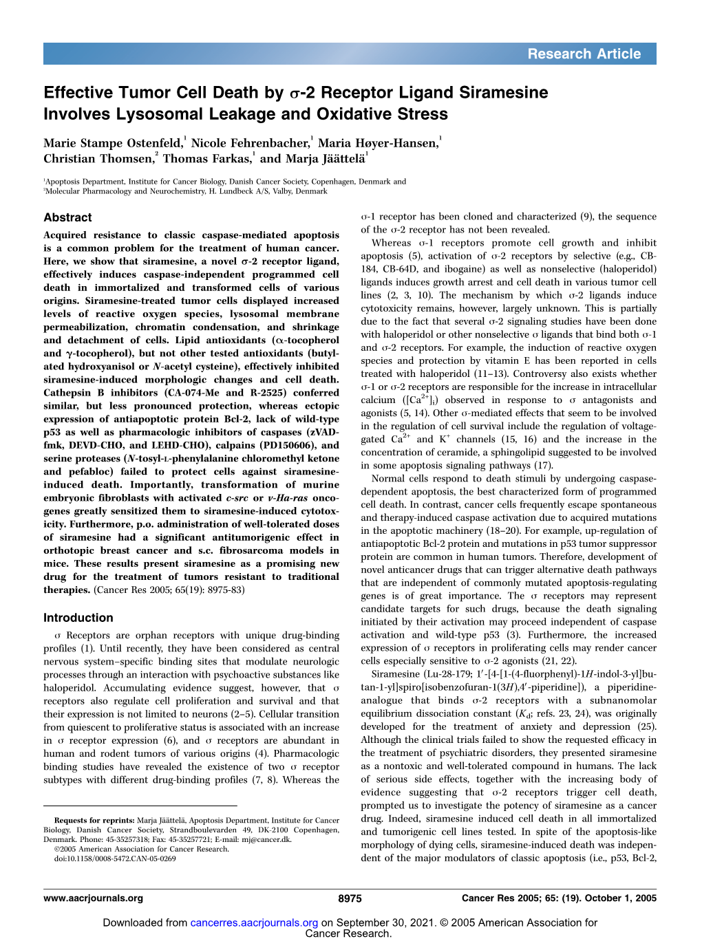 Effective Tumor Cell Death by S-2 Receptor Ligand Siramesine Involves Lysosomal Leakage and Oxidative Stress