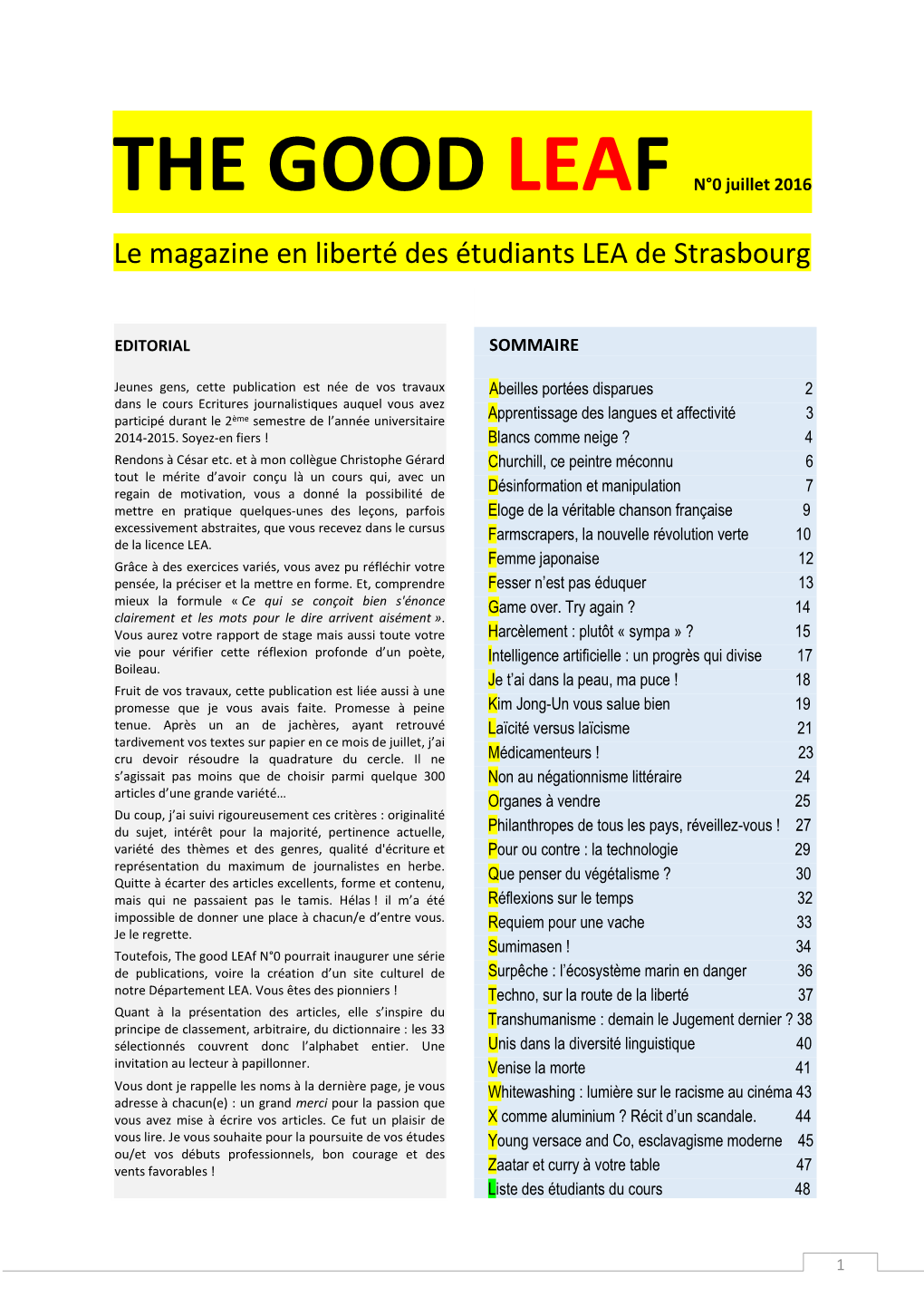 THE GOOD LEAF N°0 Juillet 2016 Le Magazine En Liberté Des Étudiants LEA De Strasbourg