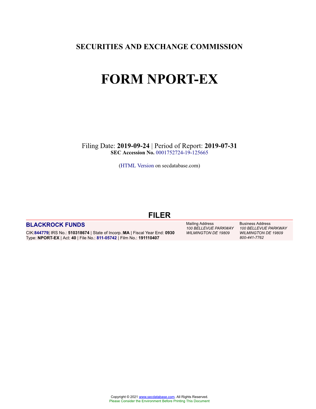 BLACKROCK FUNDS Form NPORT-EX Filed 2019-09-24