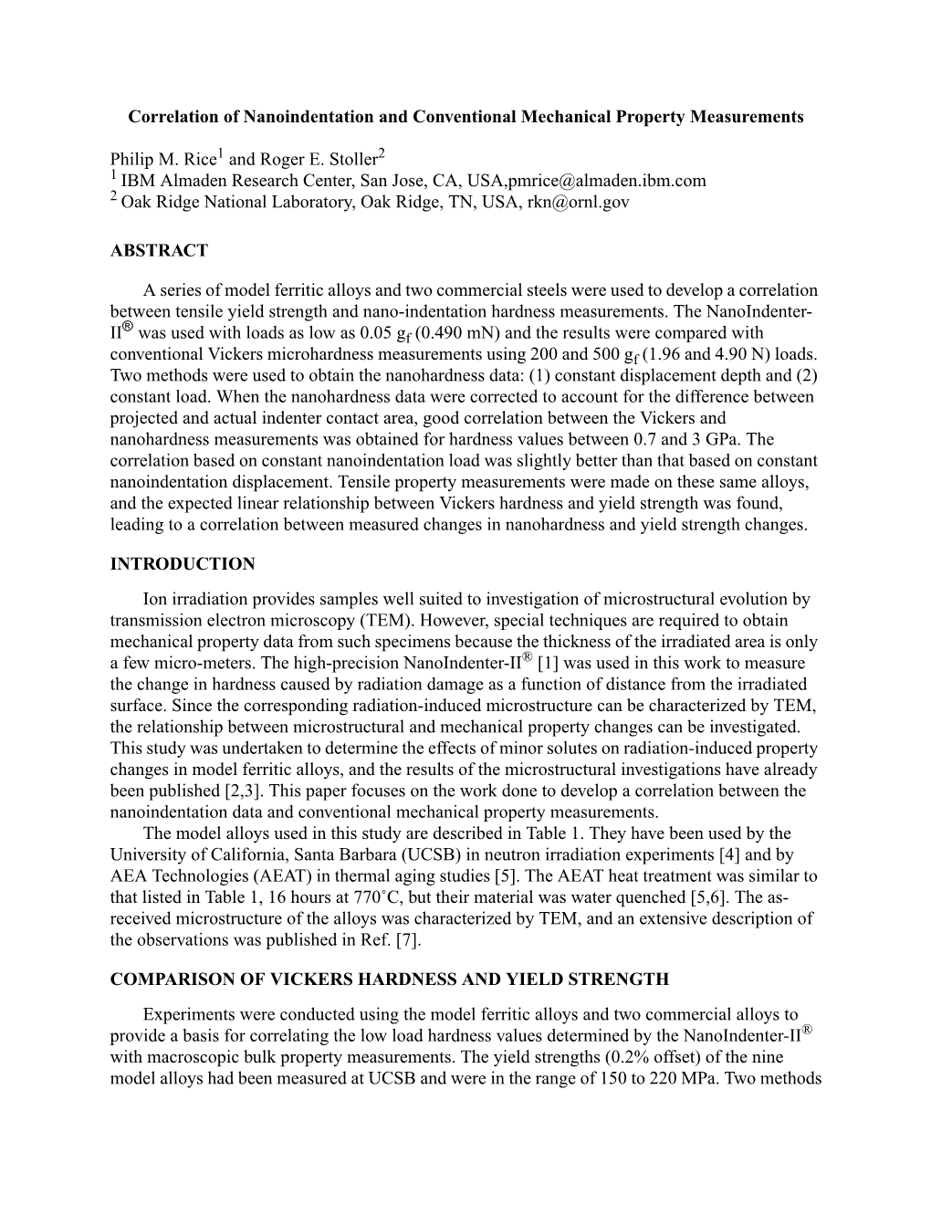 Correlation of Nanoindentation and Conventional Mechanical Property Measurements