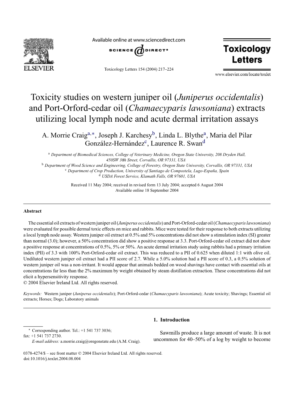 Toxicity Studies on Western Juniper Oil (Juniperus Occidentalis) and Port-Orford-Cedar Oil (Chamaecyparis Lawsoniana) Extracts U