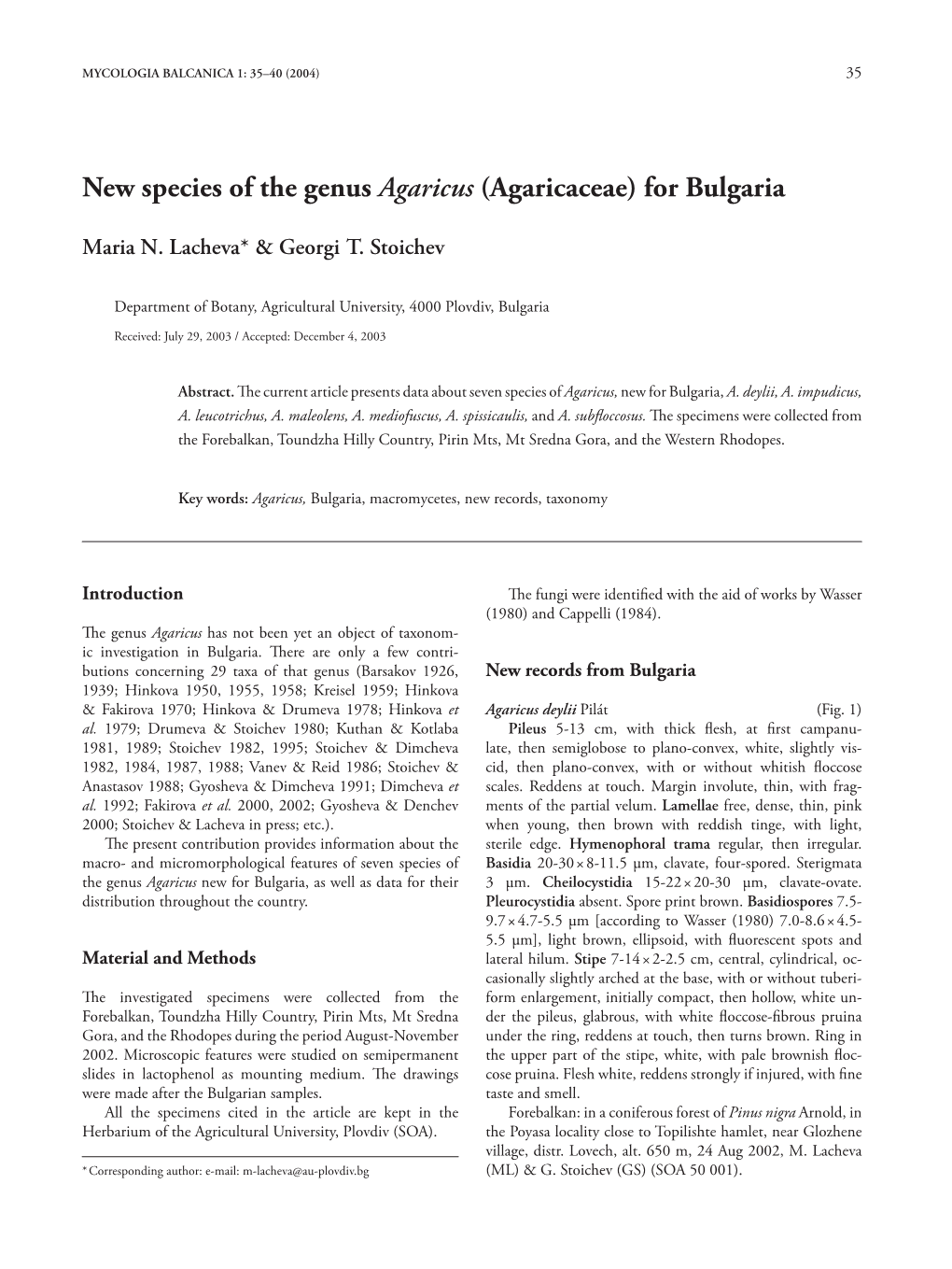 New Species of the Genus Agaricus (Agaricaceae) for Bulgaria
