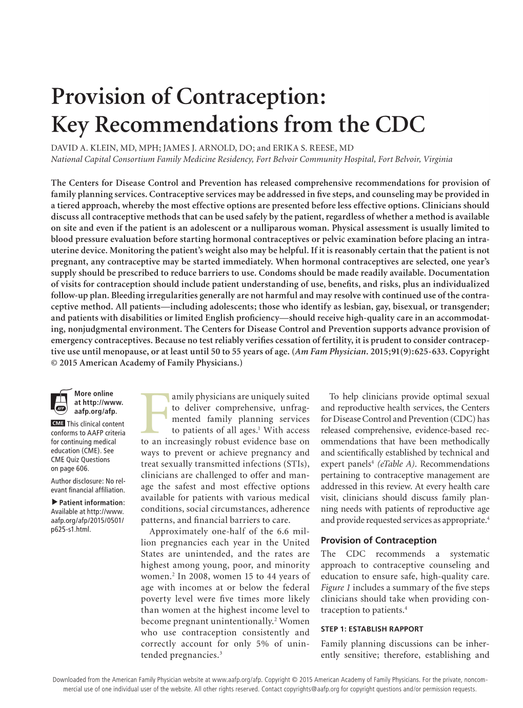 Provision of Contraception: Key Recommendations from the CDC DAVID A