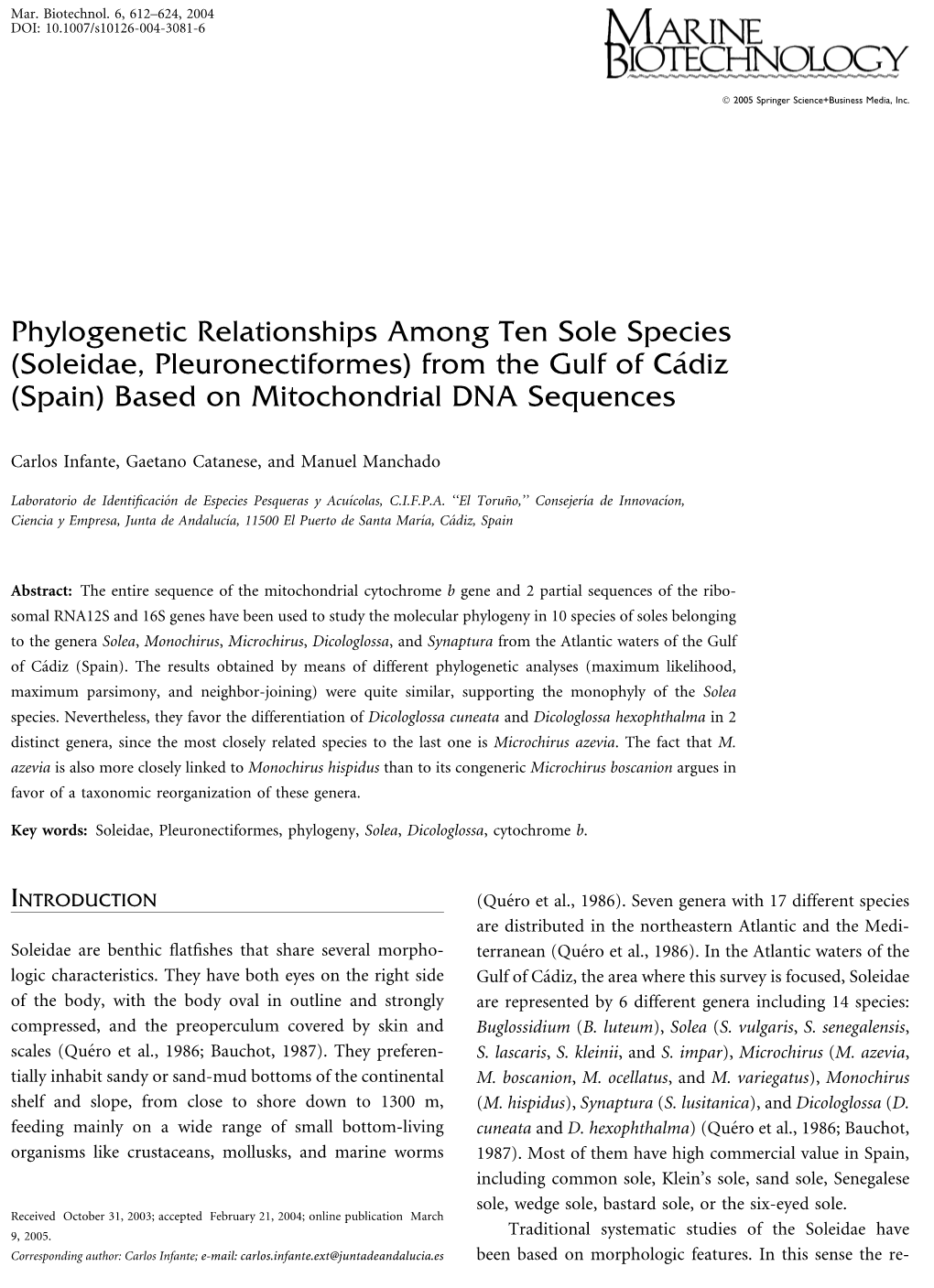 Soleidae, Pleuronectiformes) from the Gulf of Ca´Diz (Spain) Based on Mitochondrial DNA Sequences