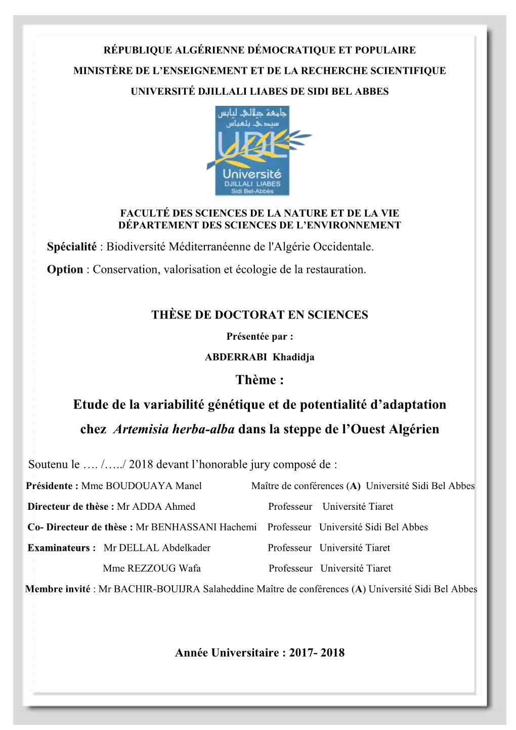 Etude De La Variabilité Génétique Et De Potentialité D'adaptation Chez