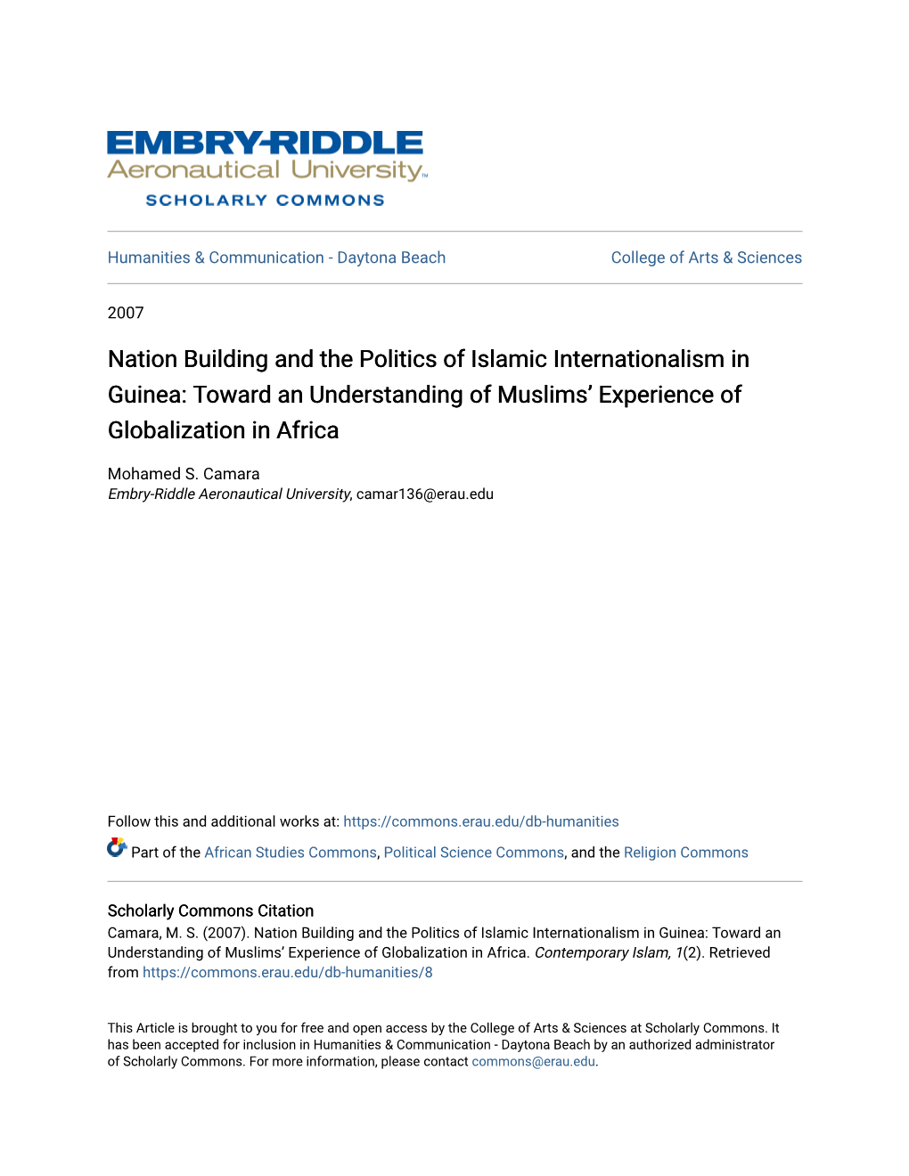 Nation Building and the Politics of Islamic Internationalism in Guinea: Toward an Understanding of Muslims’ Experience of Globalization in Africa