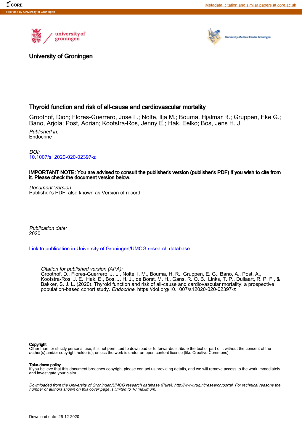 Thyroid Function and Risk of All-Cause and Cardiovascular Mortality