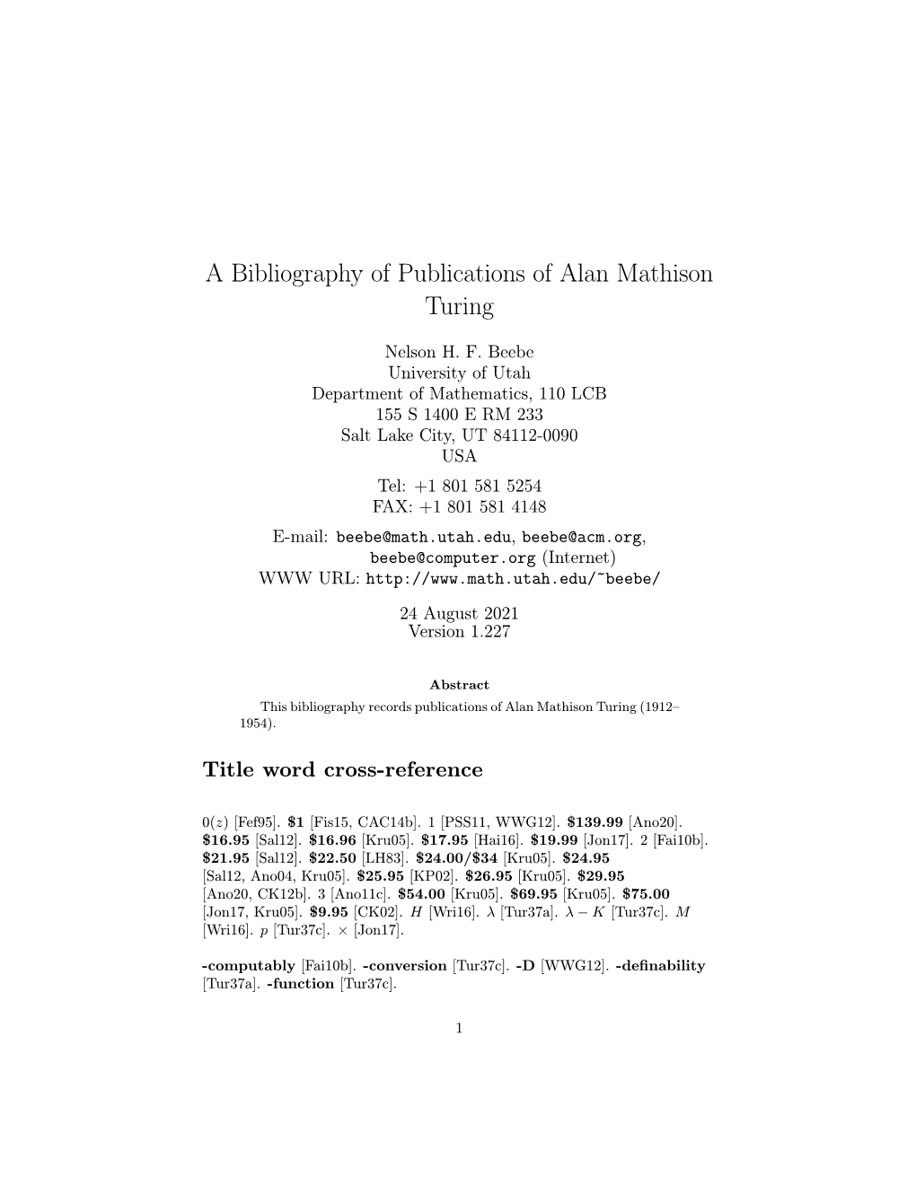 A Bibliography of Publications of Alan Mathison Turing