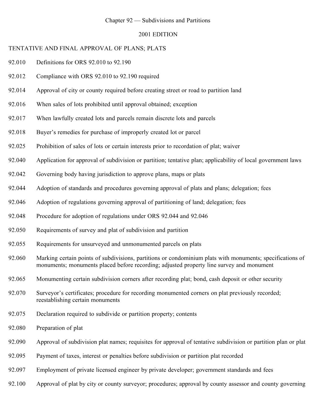 Chapter 92 — Subdivisions and Partitions