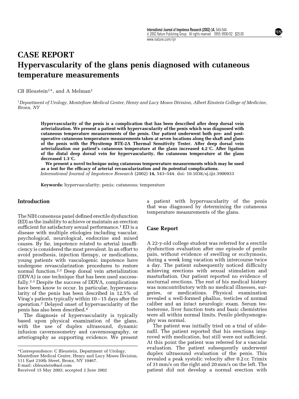 CASE REPORT Hypervascularity of the Glans Penis Diagnosed with Cutaneous Temperature Measurements