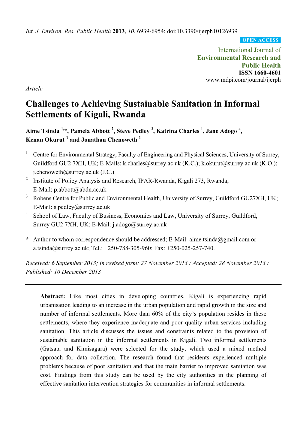 Challenges to Achieving Sustainable Sanitation in Informal Settlements of Kigali, Rwanda