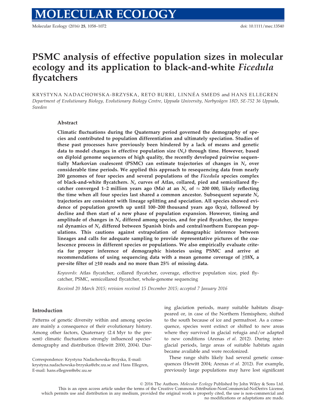 PSMC Analysis of Effective Population Sizes in Molecular Ecology and Its Application to Black-And-White Ficedula ﬂycatchers