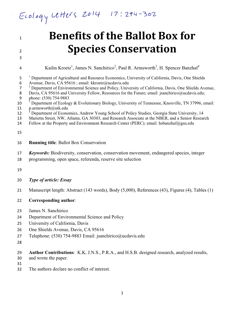 Benefits of the Ballot Box for Species Conservation