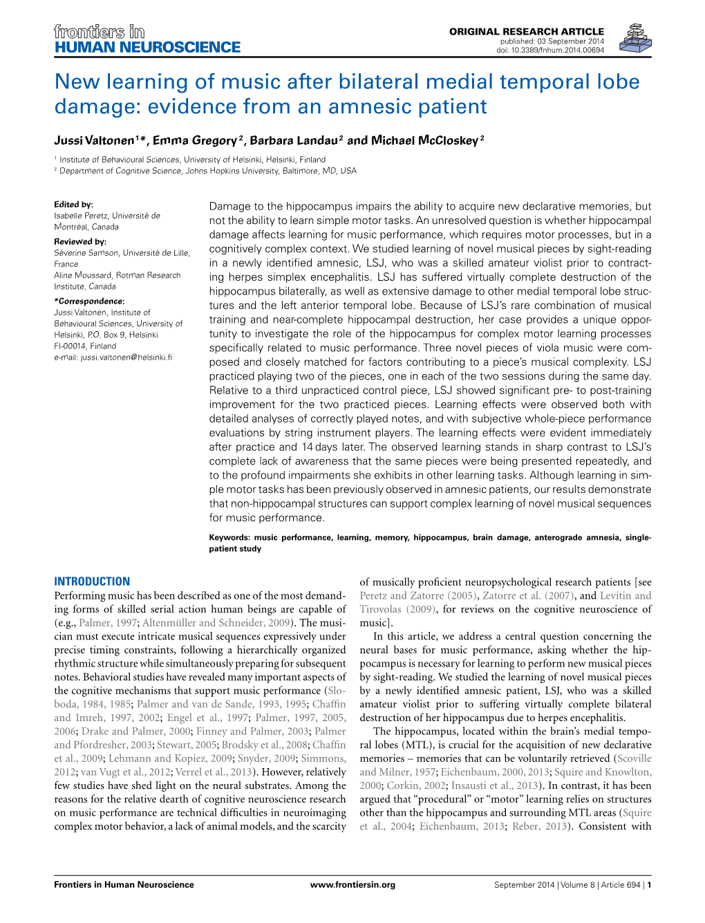 New Learning of Music After Bilateral Medial Temporal Lobe Damage: Evidence from an Amnesic Patient