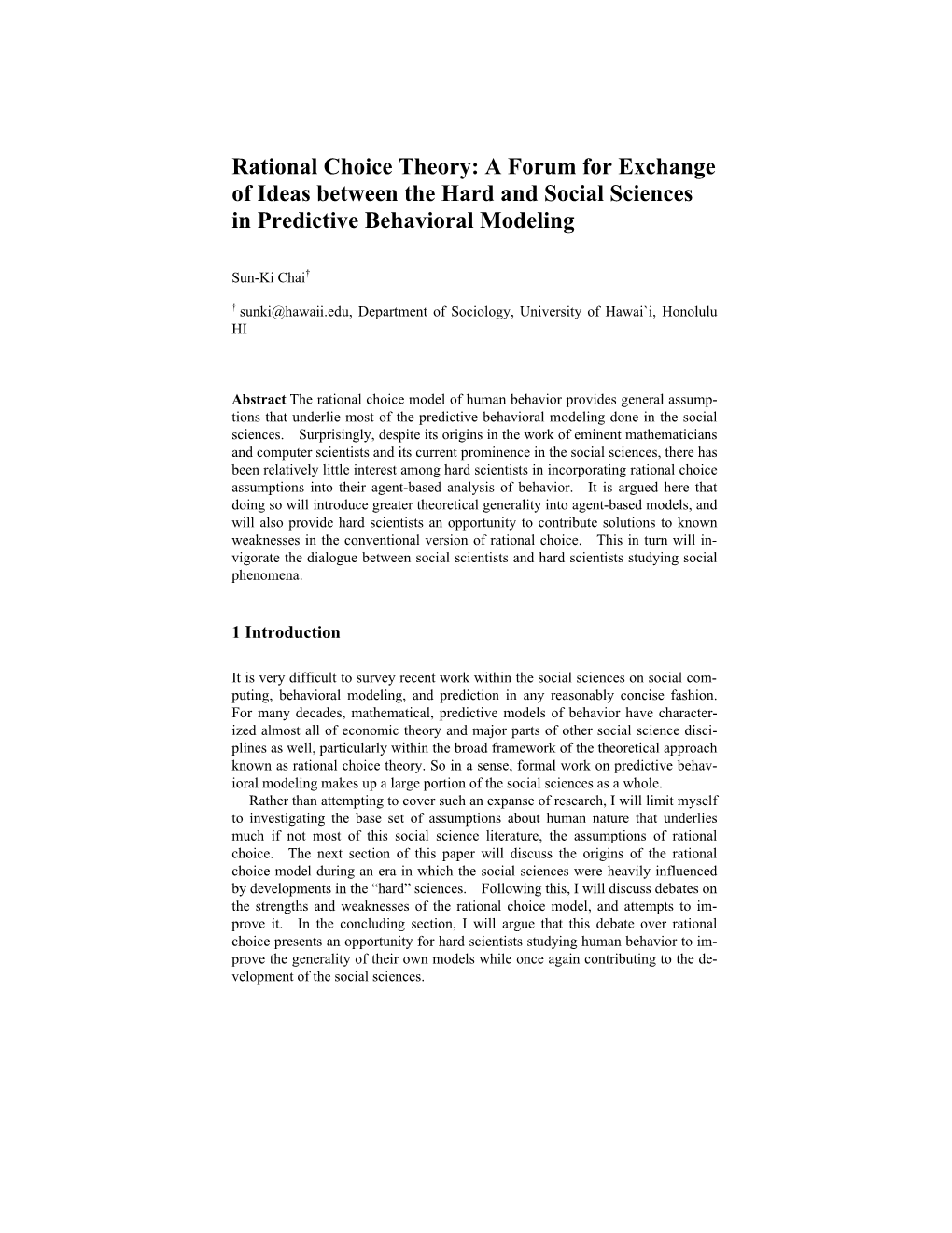 Rational Choice Theory: a Forum for Exchange of Ideas Between the Hard and Social Sciences in Predictive Behavioral Modeling