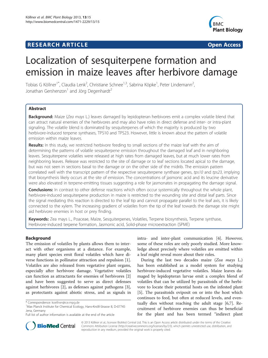 Localization of Sesquiterpene Formation and Emission in Maize