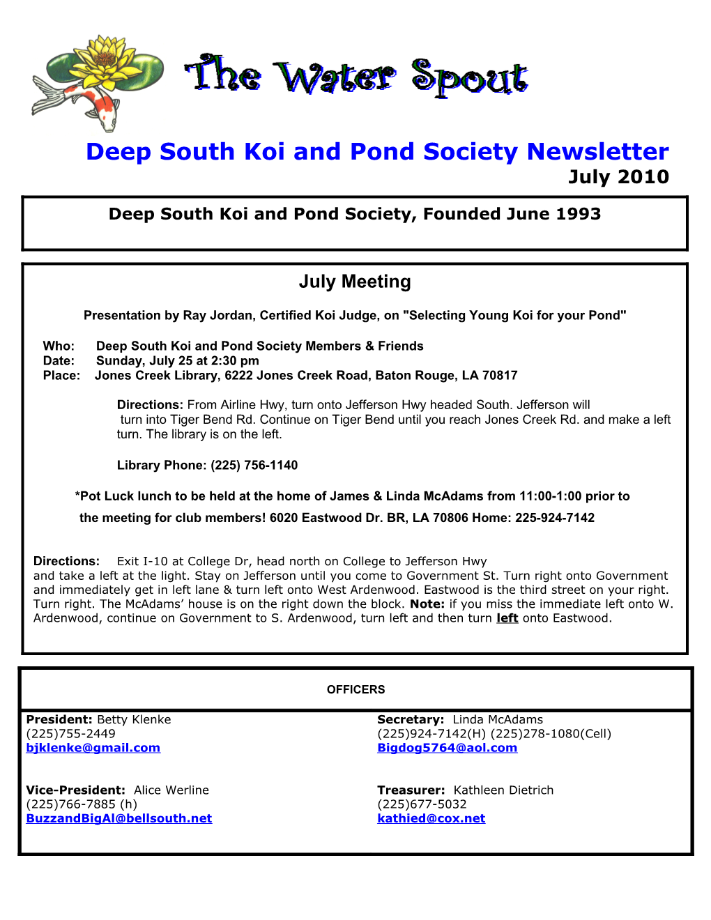 Deep South Koi and Pond Society Newsletter