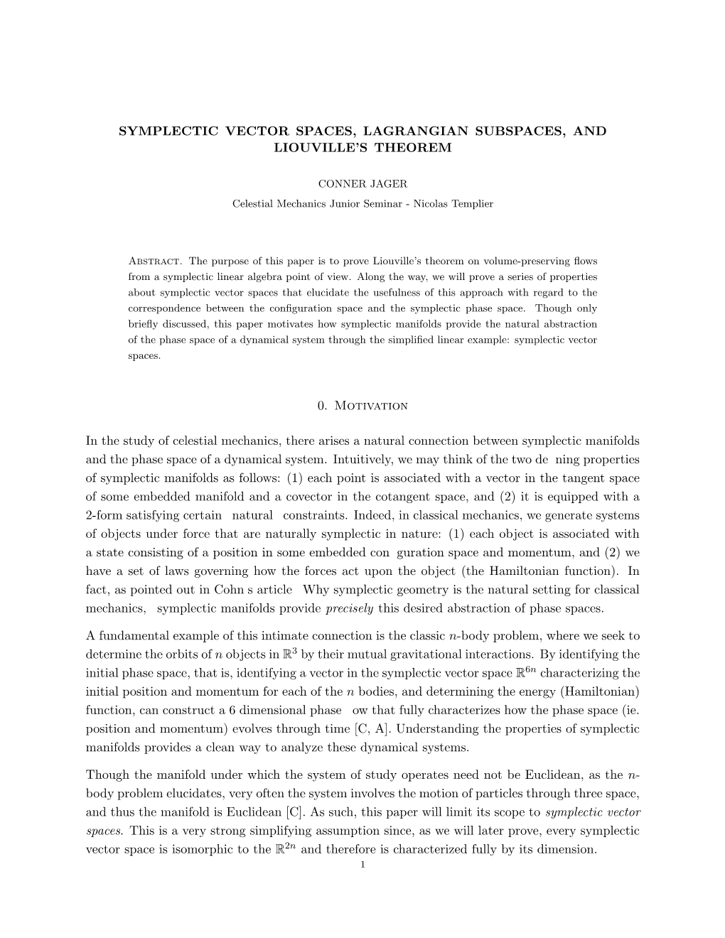 Symplectic Vector Spaces, Lagrangian Subspaces, and Liouville's Theorem