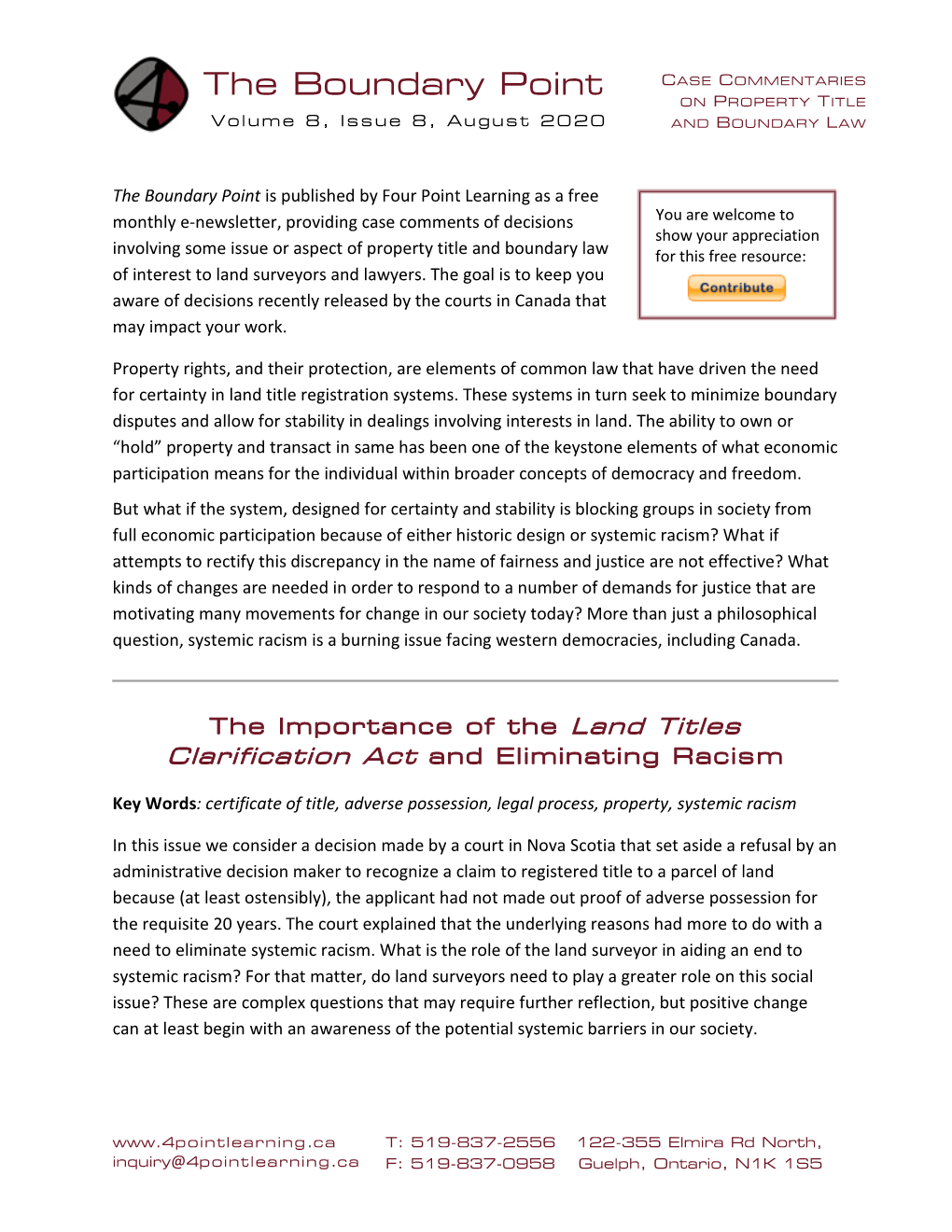 The Boundary Point CASE COMMENTARIES on PROPERTY TITLE Volume 8, Issue 8, August 2020 and BOUNDARY LAW