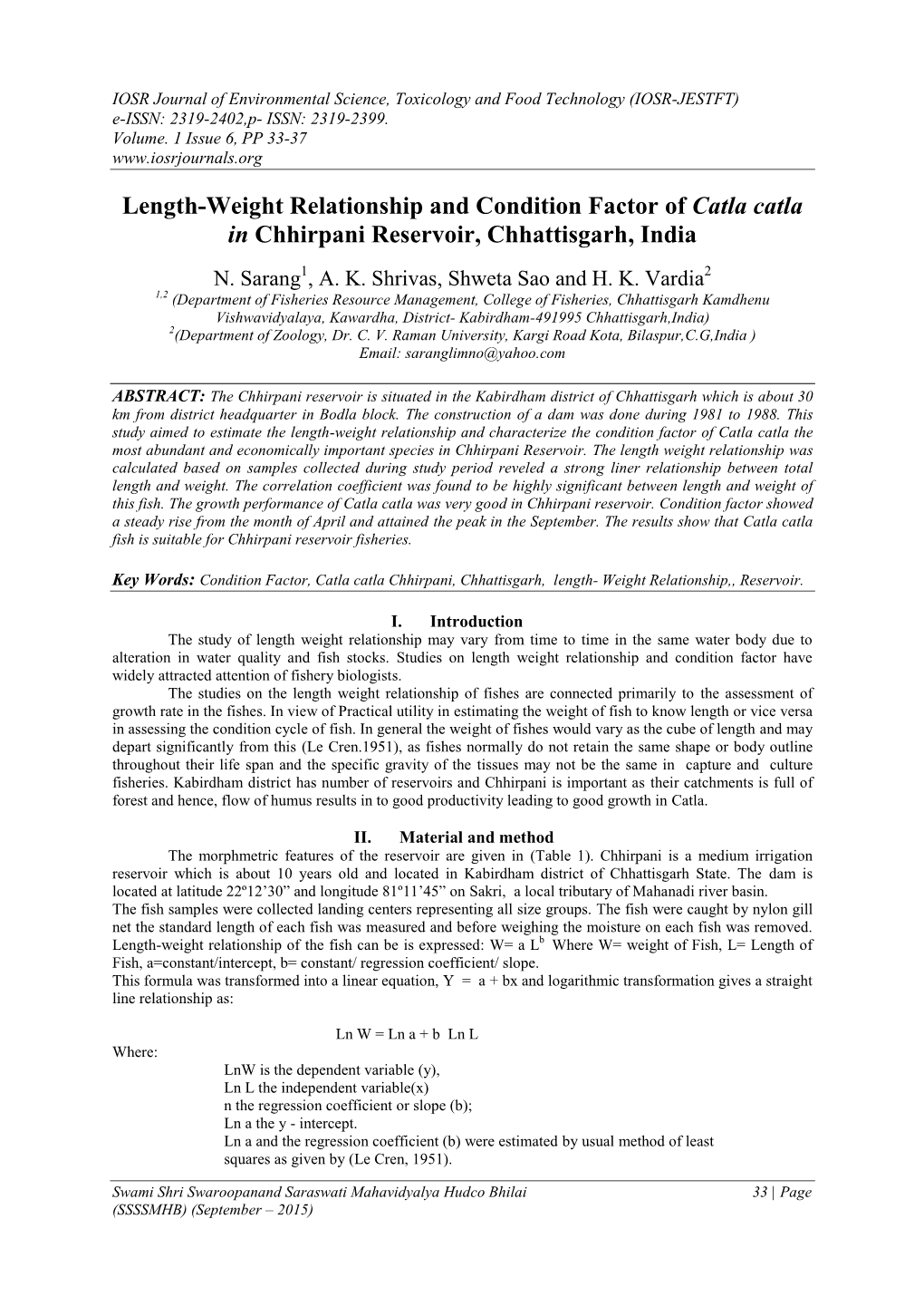 Length-Weight Relationship and Condition Factor of Catla Catla in Chhirpani Reservoir, Chhattisgarh, India
