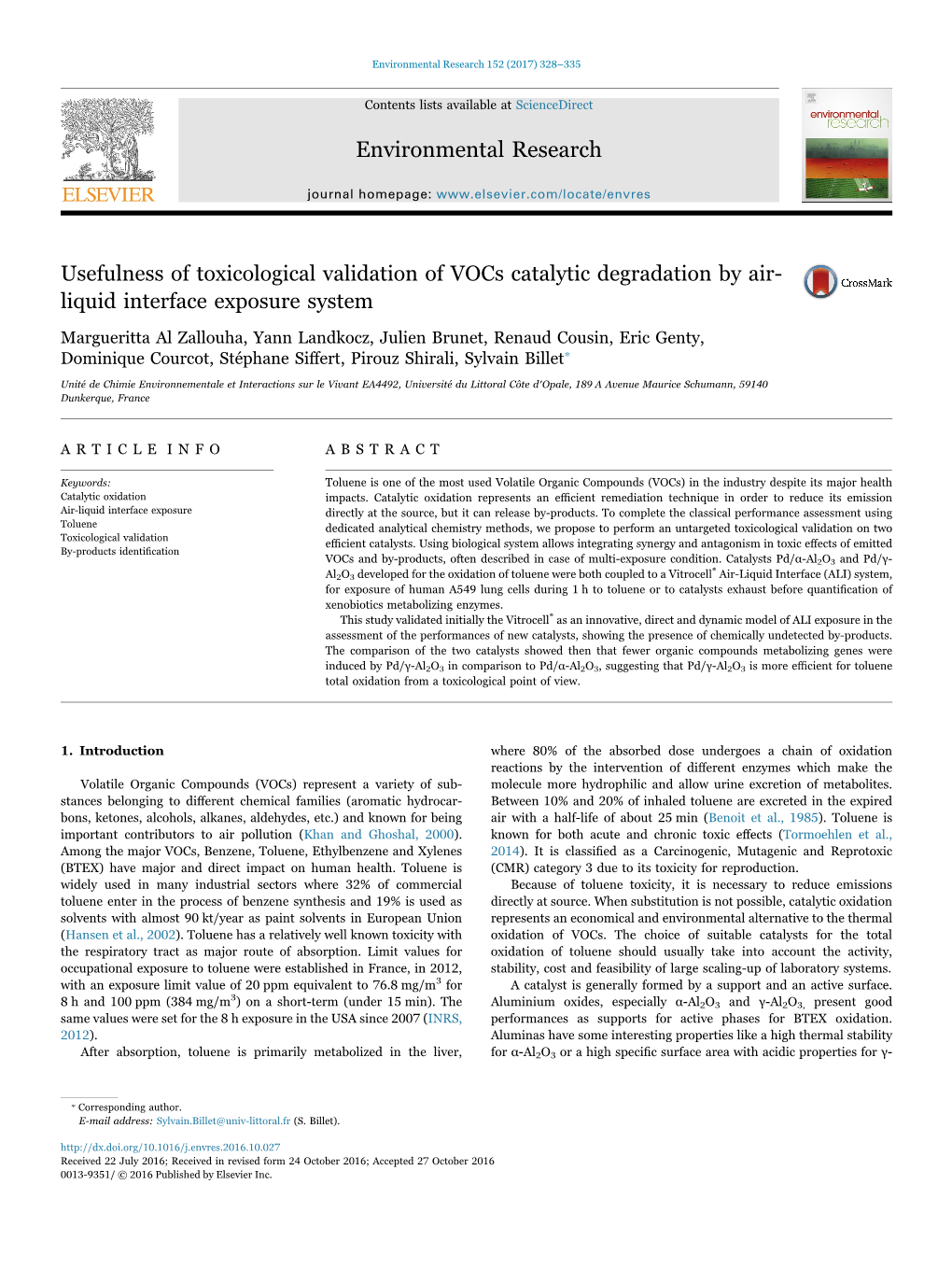 Usefulness of Toxicological Validation of Vocs Catalytic Degradation by Air- Liquid Interface Exposure System Crossmark