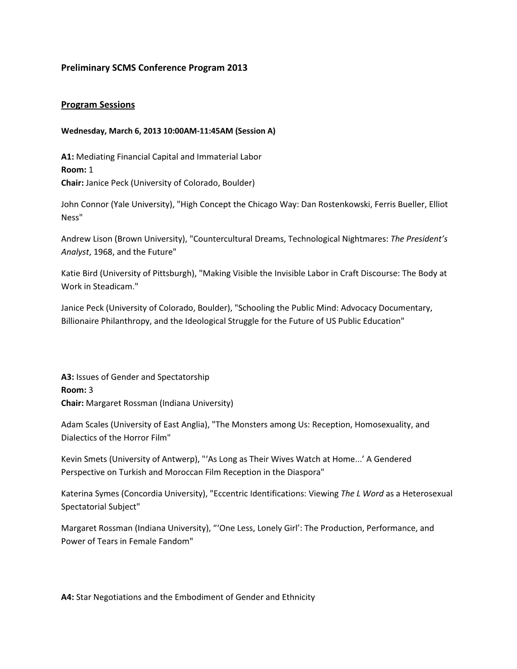 Preliminary SCMS Conference Program 2013 Program Sessions