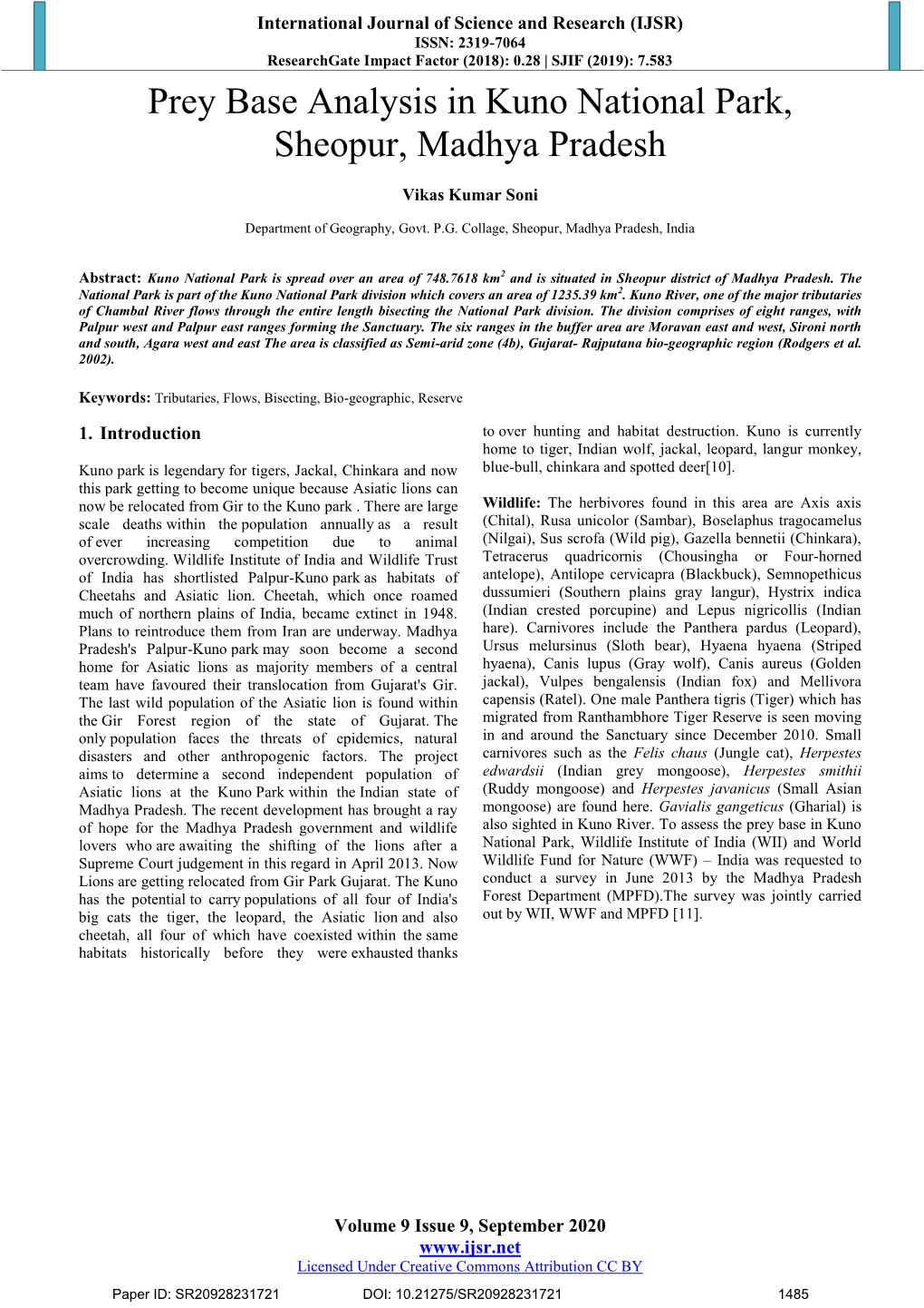 Prey Base Analysis in Kuno National Park, Sheopur, Madhya Pradesh