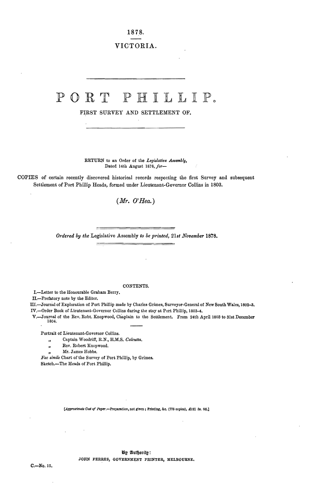 Port Phillip, First Survey and Settlement Of