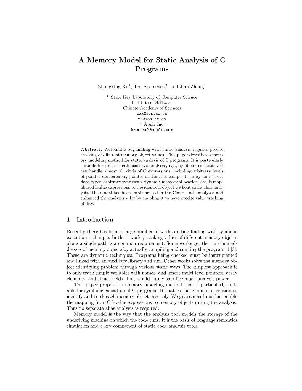 A Memory Model for Static Analysis of C Programs